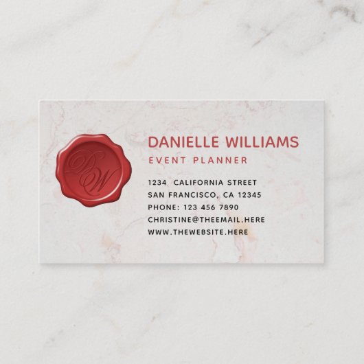 Monogram in Wax Seal op White Marble Red Script Visitekaartje (Achterkant)