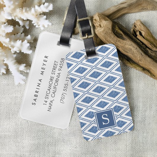 Monogram Indigo Blue Diamond Pattern Bagagelabel