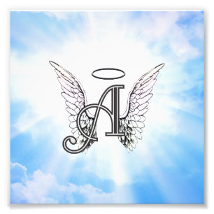 Monogram Initiaal A, Angel Wings & Halo met Clouds Foto Afdruk