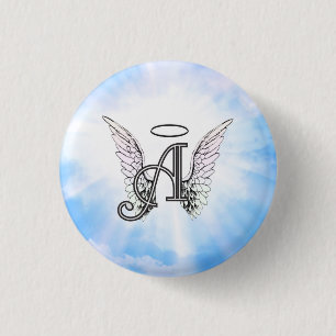 Monogram Initiaal A, Angel Wings & Halo met Clouds Ronde Button 3,2 Cm