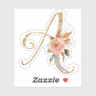 Monogram Initiaal A Gold Glitter Peony Roos Floral Sticker