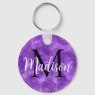 Monogram Initiaal Aangepaste naam Paarse Waterverf Sleutelhanger