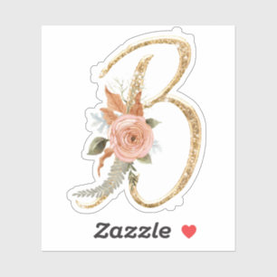 Monogram Initiaal B Gold Glitter Peony Roos Floral Sticker