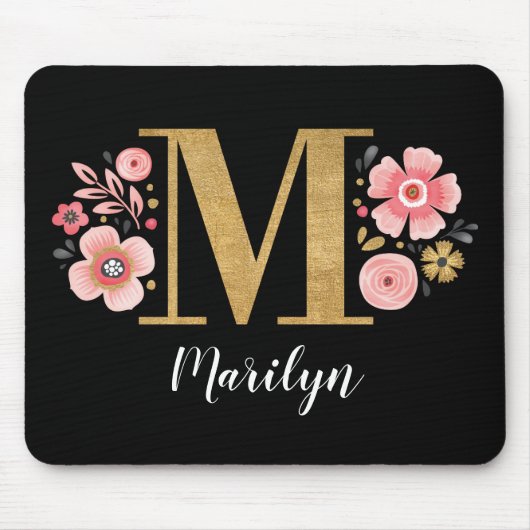 Monogram Initiaal Black Floral Muismat (Voorkant)