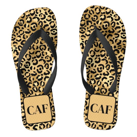 Monogram Initiaal Black Gold Leopard Cheetah Print Teenslippers (Voetbed)