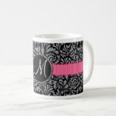 Monogram Initiaal Black Grey Damask Floral Pattern Koffiemok (Voorkant rechts)