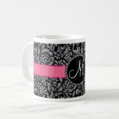 Monogram Initiaal Black Grey Damask Floral Pattern Koffiemok (Voorkant links)
