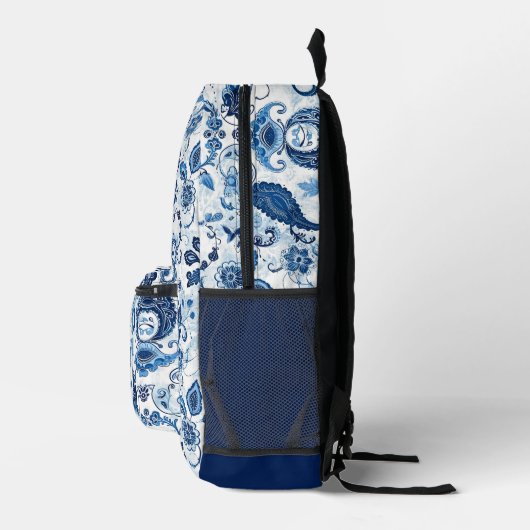 Monogram Initiaal Blauw en Wit Paisley Bedrukte Rugzak (Rechts)