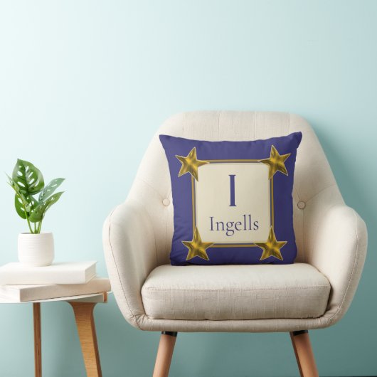 Monogram Initiaal Blauw Goud Sterren Trouw Aandenk Kussen (Stoel)