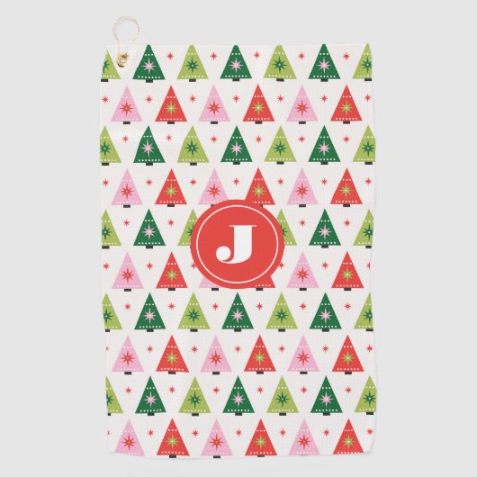 Monogram Initiaal Blij & Modern Retro Kerstboom Golfhanddoek (Voorkant)