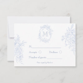 Monogram Initiaal Bloemen Blauw Toile Bruid RSVP Kaartje