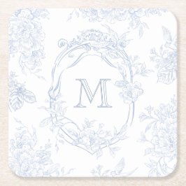 Monogram Initiaal Bloemen Blauw Toile Bruid Vierkante Kartonnen Onderzetter