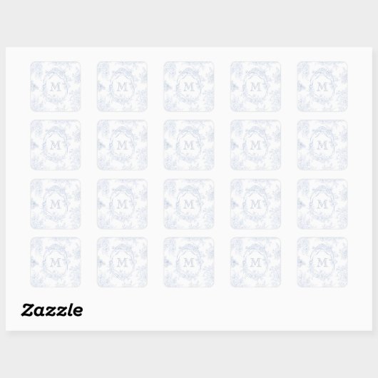 Monogram Initiaal Bloemen Blauw Toile Bruid Vierkante Sticker (Vel)