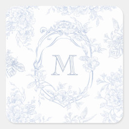 Monogram Initiaal Bloemen Blauw Toile Bruid Vierkante Sticker
