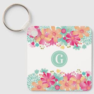 Monogram Initiaal Bloemschilderij Sleutel Label ID Sleutelhanger