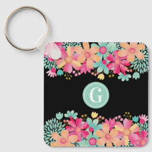 Monogram Initiaal Bloemschilderij Sleutel Label ID Sleutelhanger