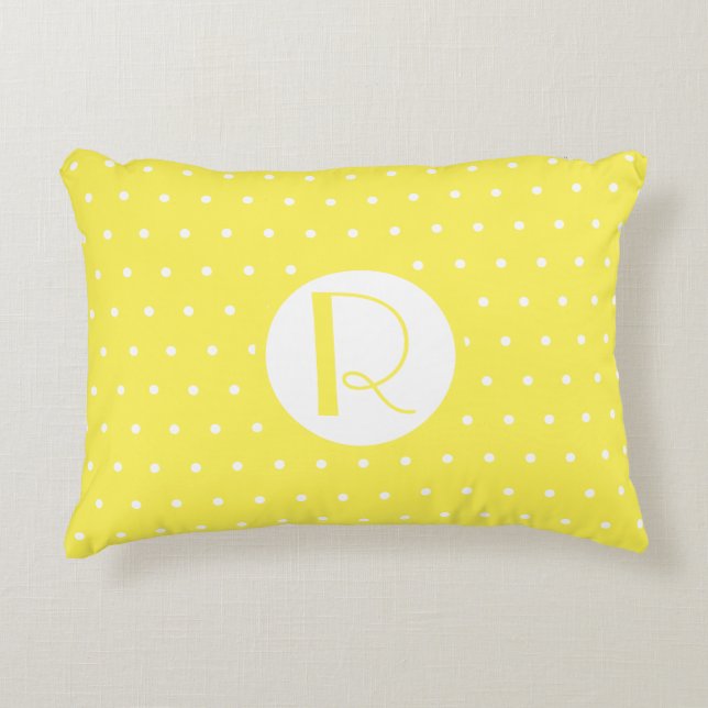 Monogram Initiaal Bright Gele Witte Polka Dots Accent Kussen (Voorkant)