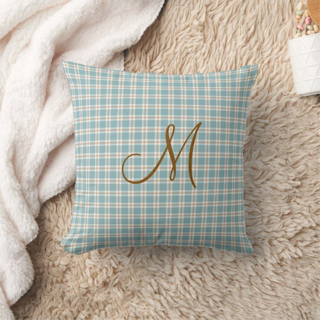 Monogram Initiaal Bruin Lichtblauw en Tan Plaid Kussen (Deken)