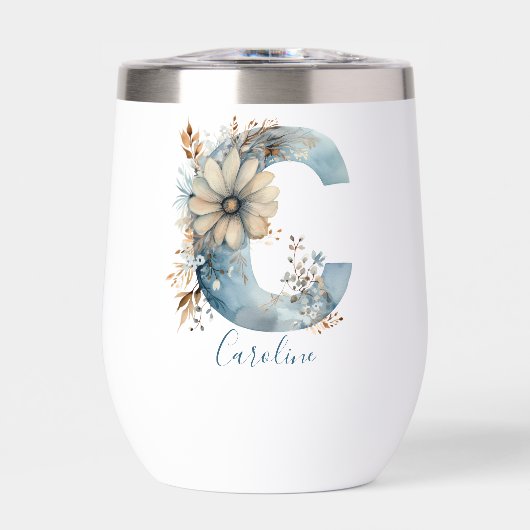 Monogram Initiaal C Blauwe Bloemen Waterverf Gift (Voorkant)