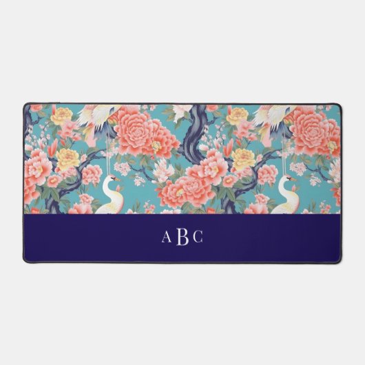 Monogram Initiaal Chinoiserie Floral Egret Bureaumat (Voorkant)