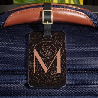 Monogram Initiaal Donkere Bloemmotief Goudzalmkleu Bagagelabel