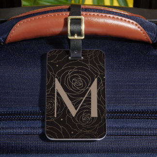Monogram Initiaal Donkere Bloemrijke Roos Neutrale Bagagelabel