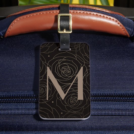 Monogram Initiaal Donkere Bloemrijke Roos Neutrale Bagagelabel (Voorkant Insitu 2)