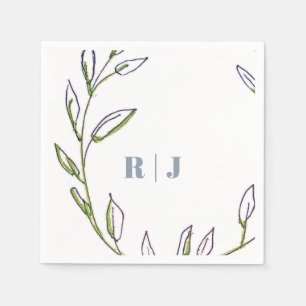 Monogram Initiaal Dusty Blue Green Leaf Art Weddin Servet