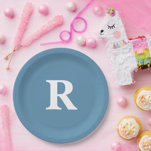 Monogram Initiaal Dusty Blue White Aangepaste kleu Papieren Bordje (Feest)