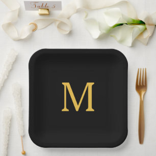 Monogram Initiaal Eigen naam Gold Golden Black Papieren Bordje