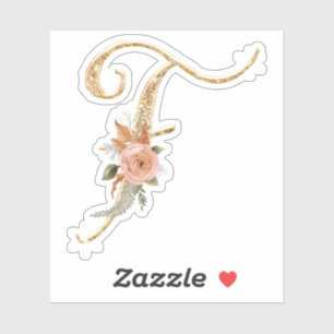 Monogram Initiaal F Gold Glitter Peony Roos Floral Sticker