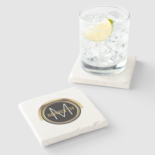 Monogram Initiaal Familienaam | Art Deco Black Gol Stenen Onderzetter (Zijkant)