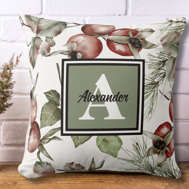 Monogram Initiaal & Familienaam Elegant Botanisch Kussen (Monogram Name and Initial Autumn Watercolor Fall Decor Throw Pillow)