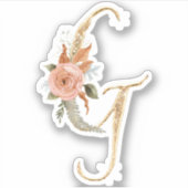 Monogram Initiaal G Gold Glitter Peony Roos Floral Sticker (Voorkant)