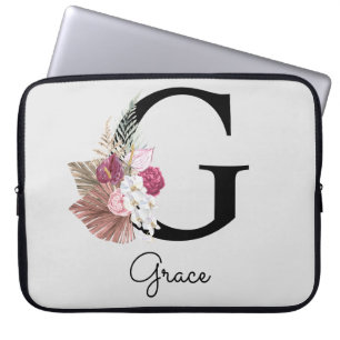 Monogram Initiaal G Monogram Roze Boho Floral Laptop Sleeve