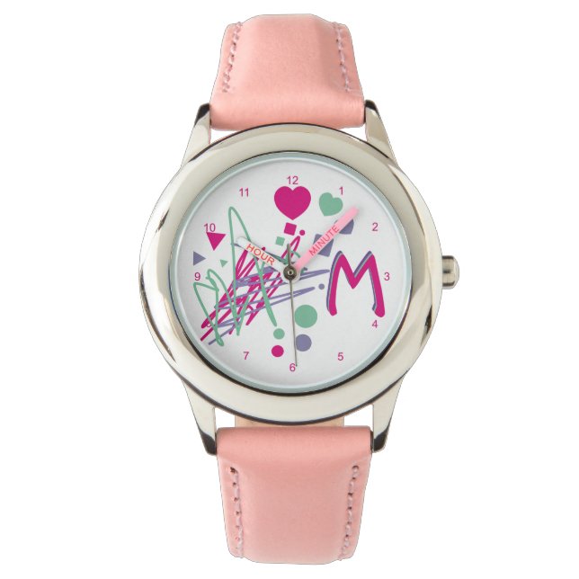 Monogram Initiaal Girl's Hearts Stippen Squares kl Horloge (Voorkant)
