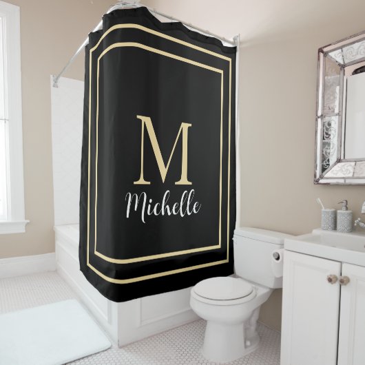 Monogram Initiaal Gold Black White - Aangepaste na Douchegordijn (In situ)