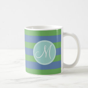 Monogram Initiaal Green Periwinkle Striped Pattern Koffiemok