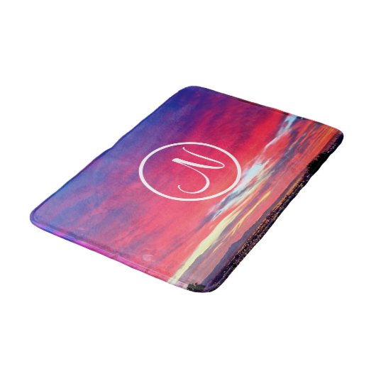 Monogram Initiaal Heet Roze Blauw Zonsondergang Fo Badmat (Gekanteld)