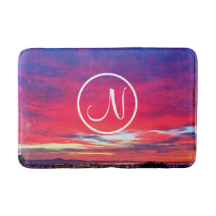 Monogram Initiaal Heet Roze Blauw Zonsondergang Fo Badmat