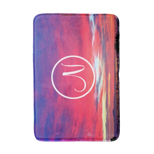 Monogram Initiaal Heet Roze Blauw Zonsondergang Fo Badmat (Voorkant Verticaal)
