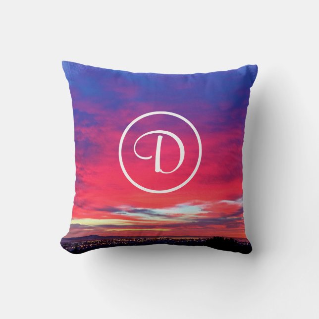 Monogram Initiaal Heet Roze Blauw Zonsondergang Fo Kussen (Voorkant)