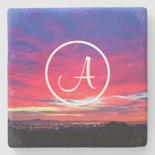 Monogram Initiaal Heet Roze Blauw Zonsondergang Fo Stenen Onderzetter (Voorkant)