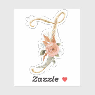 Monogram Initiaal J Gold Glitter Peony Roos Floral Sticker