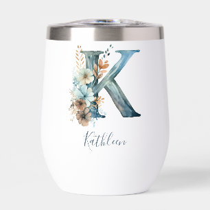 Monogram Initiaal K Blauwe Bloemrijke Waterverf Ca