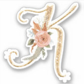 Monogram Initiaal K Goud Glitter Pioen Roos Bloeme Sticker (Voorkant)