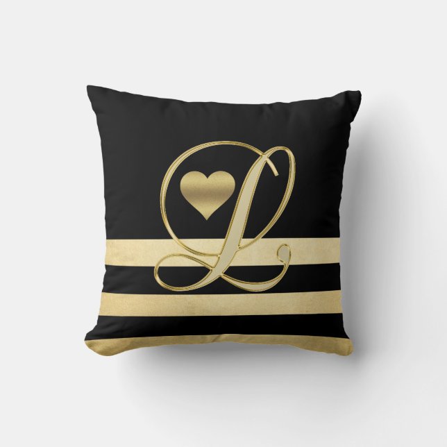 Monogram Initiaal 'L' Gold Black Heart Throw Kussen (Voorkant)