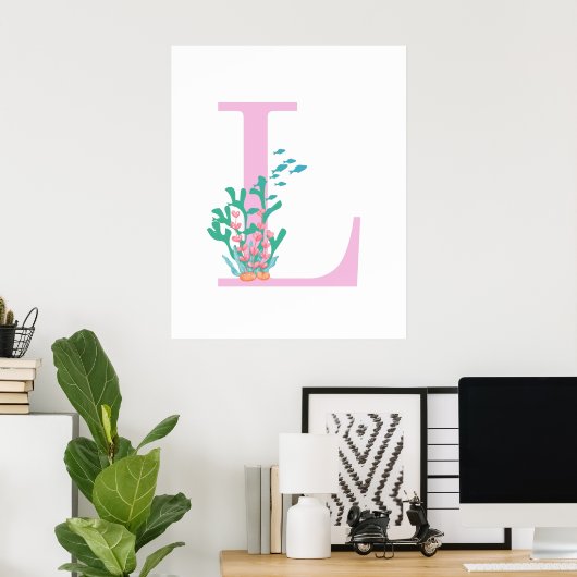 Monogram Initiaal L Monogram Roze Blauwgroen koraa Poster (Thuiskantoor)
