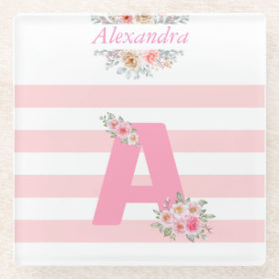 Monogram Initiaal Letter A  roze letter A Glazen Onderzetter