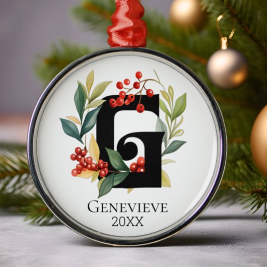 Monogram Initiaal Letter G Beskrans Kerstmis Metalen Ornament